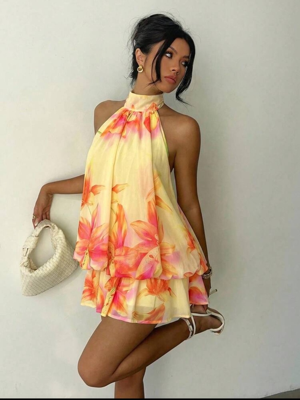SHEIN Yellow Halter Layered Floral Mini Dress with Pink Accents